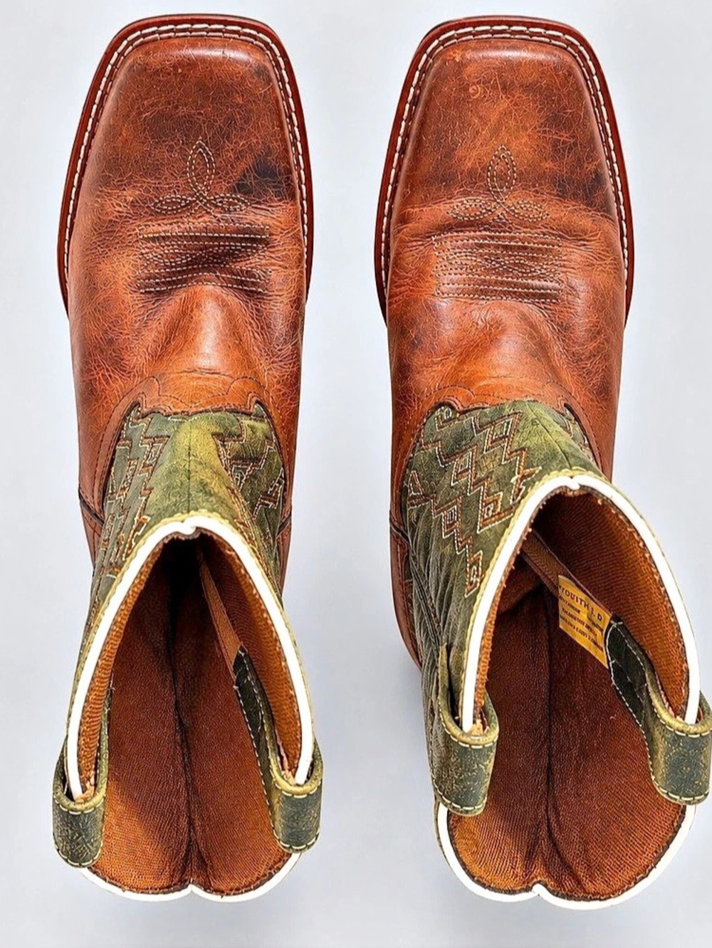 Dan Post Youth Brown & Olive Green Embroidered Square Toe Cowboy Boots Youth 5D - Picture 3 of 9
